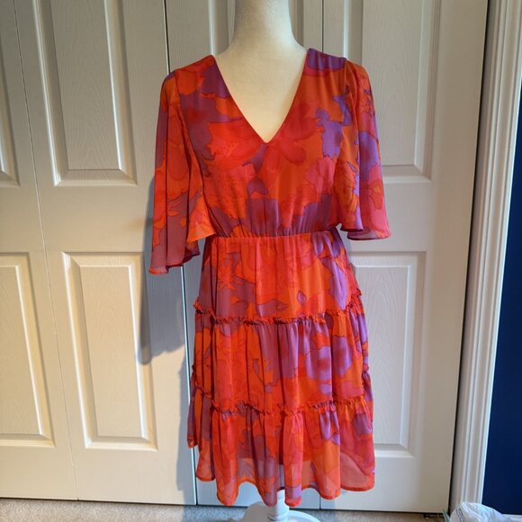 Jodifl Red Orange Purple Size Small Short Sleeve Dress Flowy Chiffon Worn Once - Picture 1 of 7